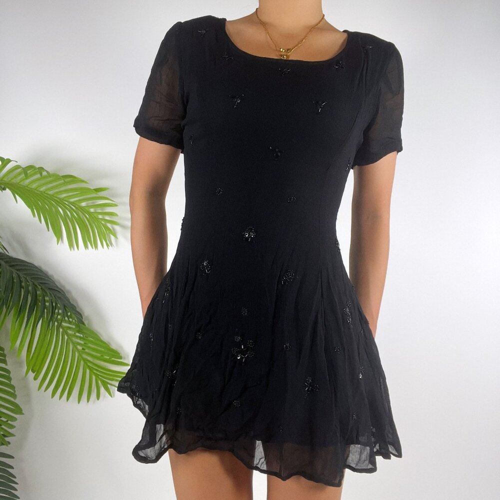 Vintage 90s Dorothy Perkins Black Silk Beaded Short Sleeve Mini Dress / Size S/M
